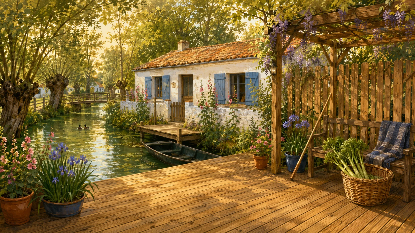 Illustration paysagère du dépôt avec terrasse en bois et clôture